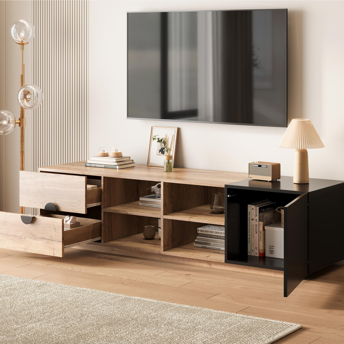 TV-SCHRANK mit Schublade, offenem Fach und Stauraum, Holz/Schwarz - Schwarz, Holzwerkstoff (180/47/38.5cm)