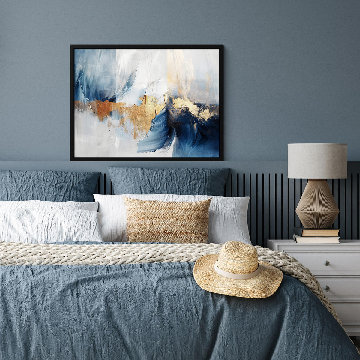POSTER MIT RAHMEN Gold - Blau - Aquarell - Kunst - Modern 80x60 cm - Hellblau, Papier (80/60cm) - MuchoWow