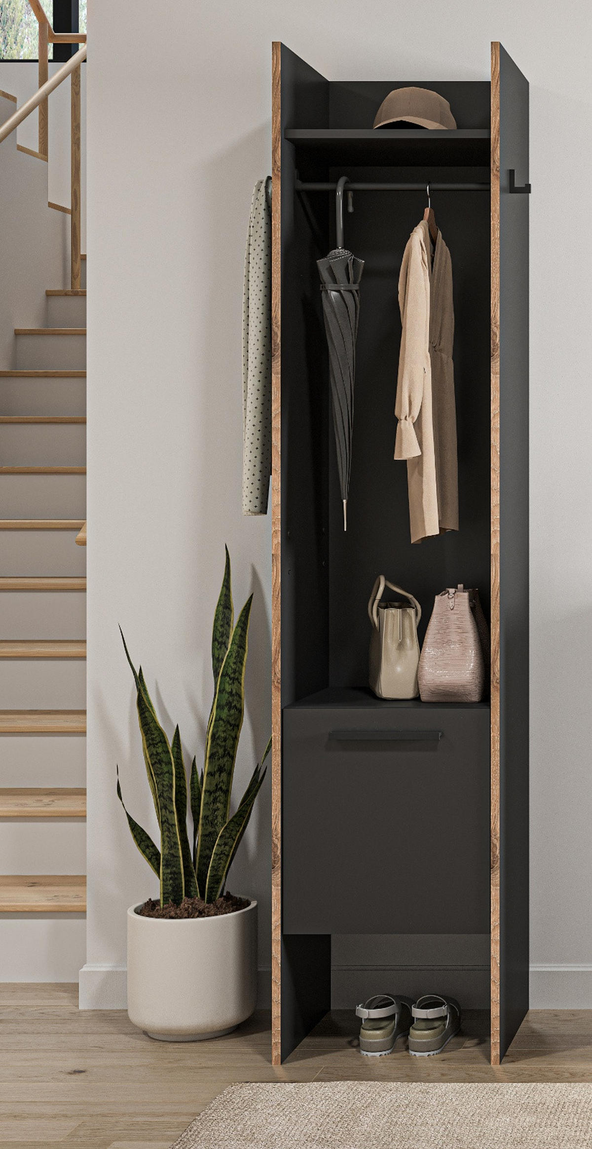 GARDEROBE grau und Nox Eiche, Kompaktgarderobe 42 x 189 cm, Salud - Dunkelgrau/Schwarz, Holzwerkstoff/Kunststoff (42/189/37cm) - Inn.Furn