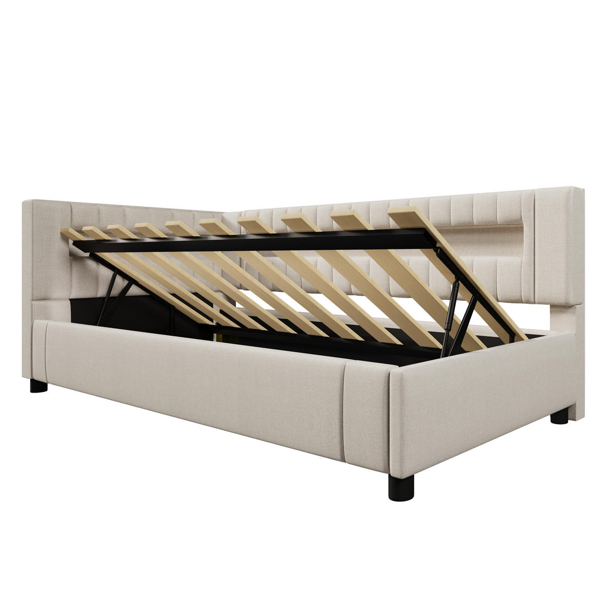 POLSTERBETT 90/200 cm Beige mit Stauraum mit LED-Beleuchtung aus Leinen - Beige, Textil (90/200cm) - OKWISH