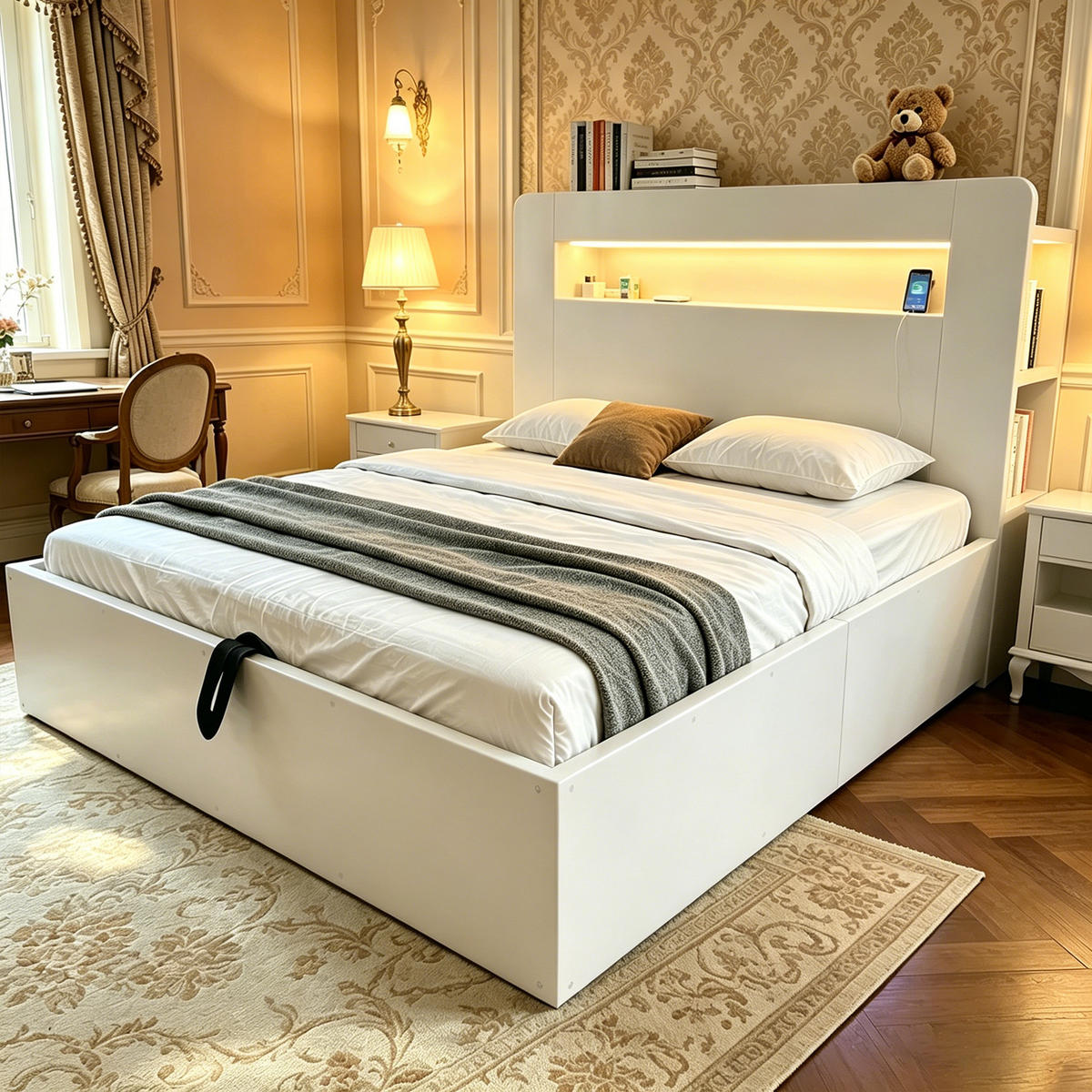 BETT 140/200 cm in Weiß mit Bettkasten, LED, Steckdosen und Kopfteilfächern - Weiß, Holz/Holzwerkstoff (140/200cm) - WISHDOR