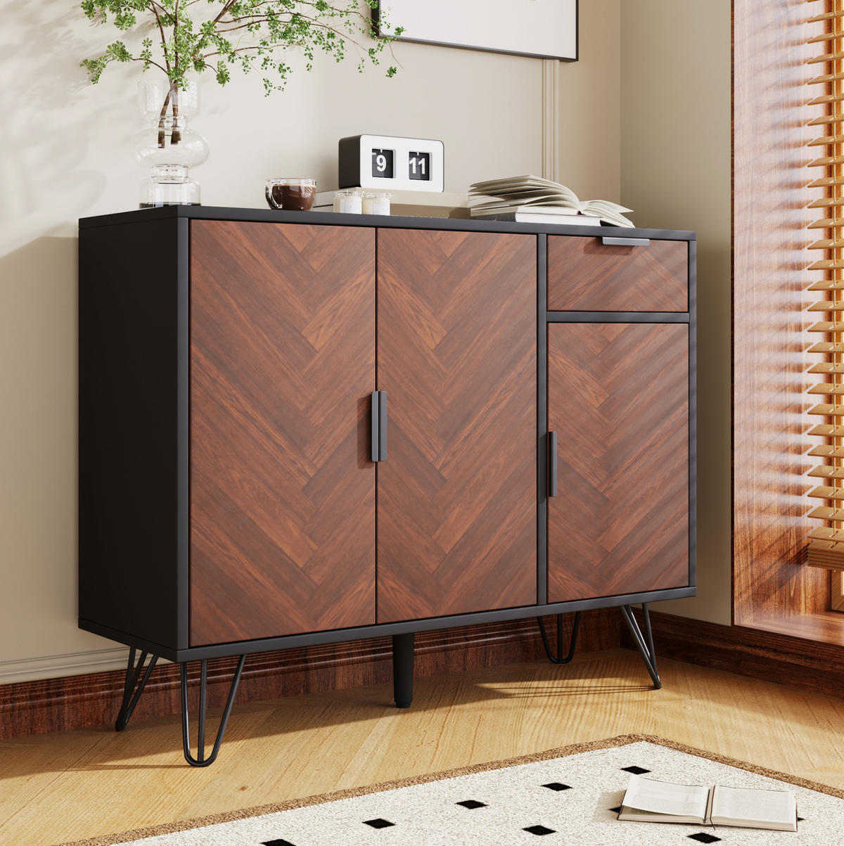 SIDEBOARD 90/30/71,5 cm in Schwarz und Holzoptik mit 3 Türen und Schublade - Naturfarben, Holzwerkstoff (90/71.5/30cm) - Flora Grace