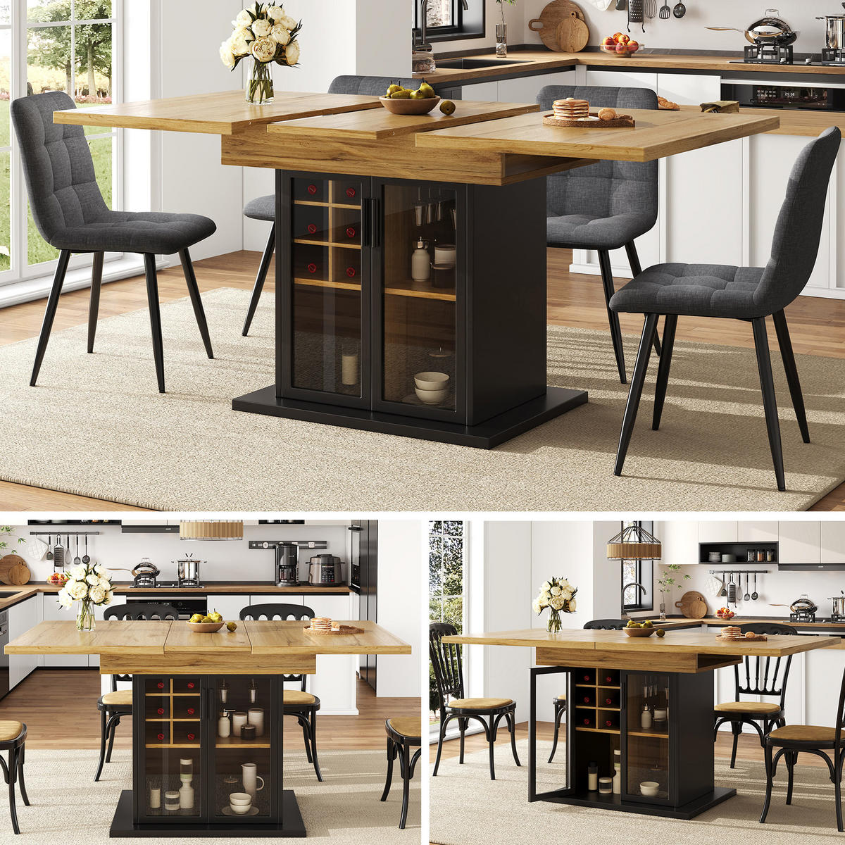ESSTISCH 110-140/80/76 cm in Schwarz aus MDF mit Weinregal und Glastür - Schwarz, Holzwerkstoff (110/80/76cm) - Flora Grace
