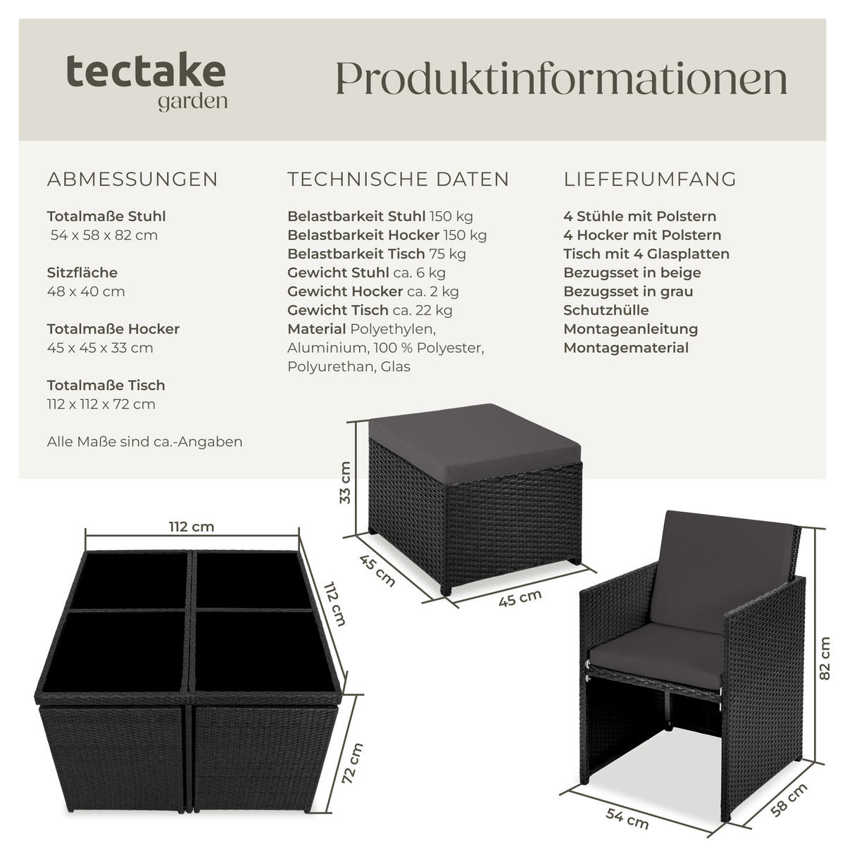 RATTAN SITZGRUPPE Manhattan,2 Bezugssets, zusammenschiebbar, inklusive Schutzhülle,schwarz - Schwarz, Kunststoff - tectake