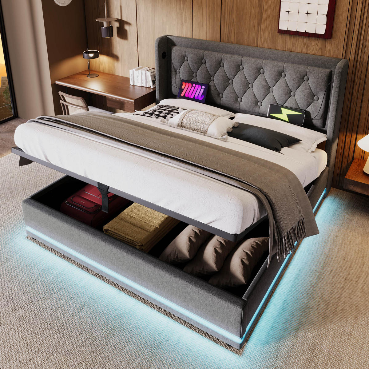 POLSTERBETT 140/200 cm Grau aus Baumwolle mit Stauraum LED und USB/Typ-C mit Matratze - Grau, Textil (140/200cm) - OKWISH