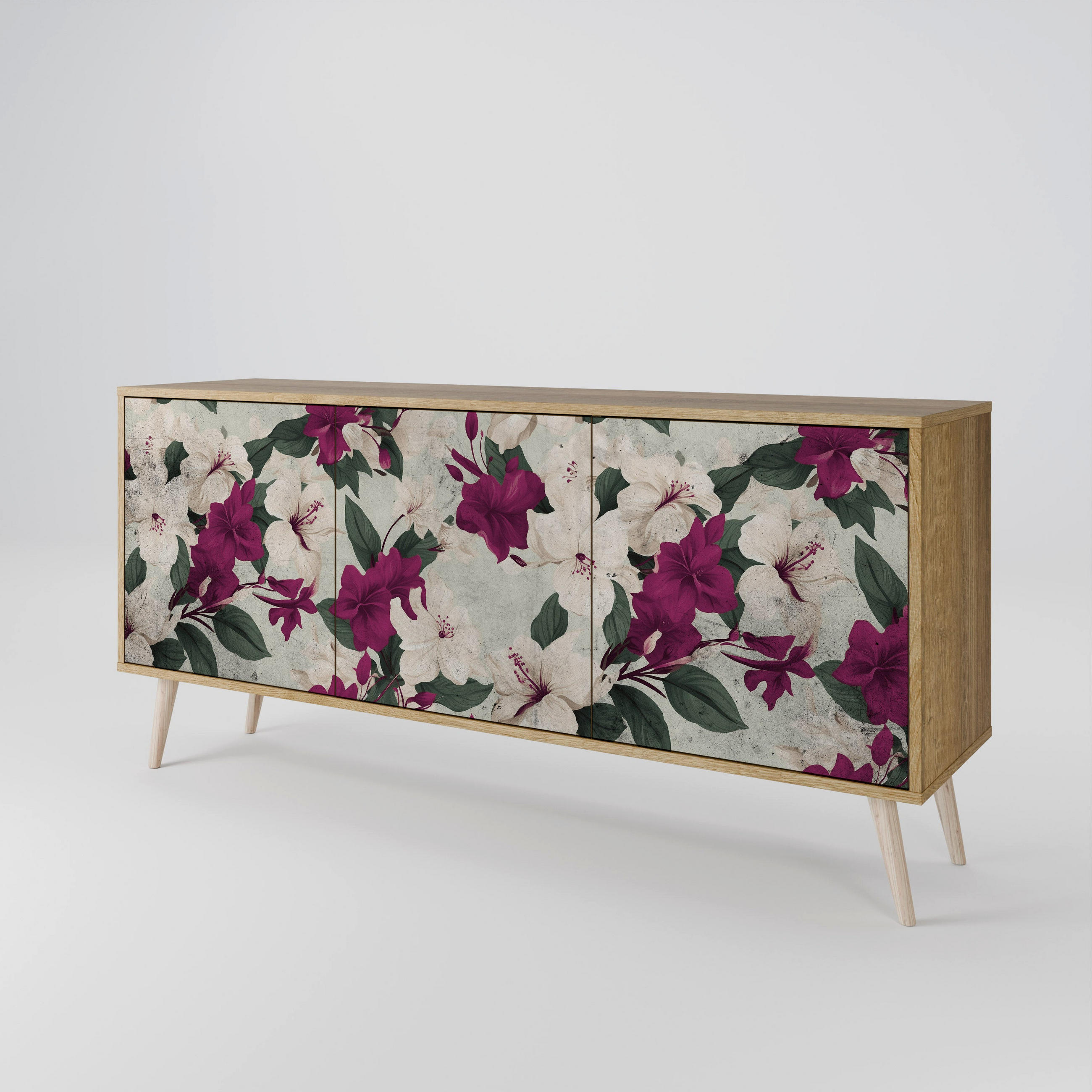 SIDEBOARD FLOWERET DREAM, Eicheneffekt, 164,5x42x77,5 cm, 3 Türen - Eichefarben/Buchefarben, Holzwerkstoff/Buchenholz (164.5/77.5/42cm) - SpaceRebels