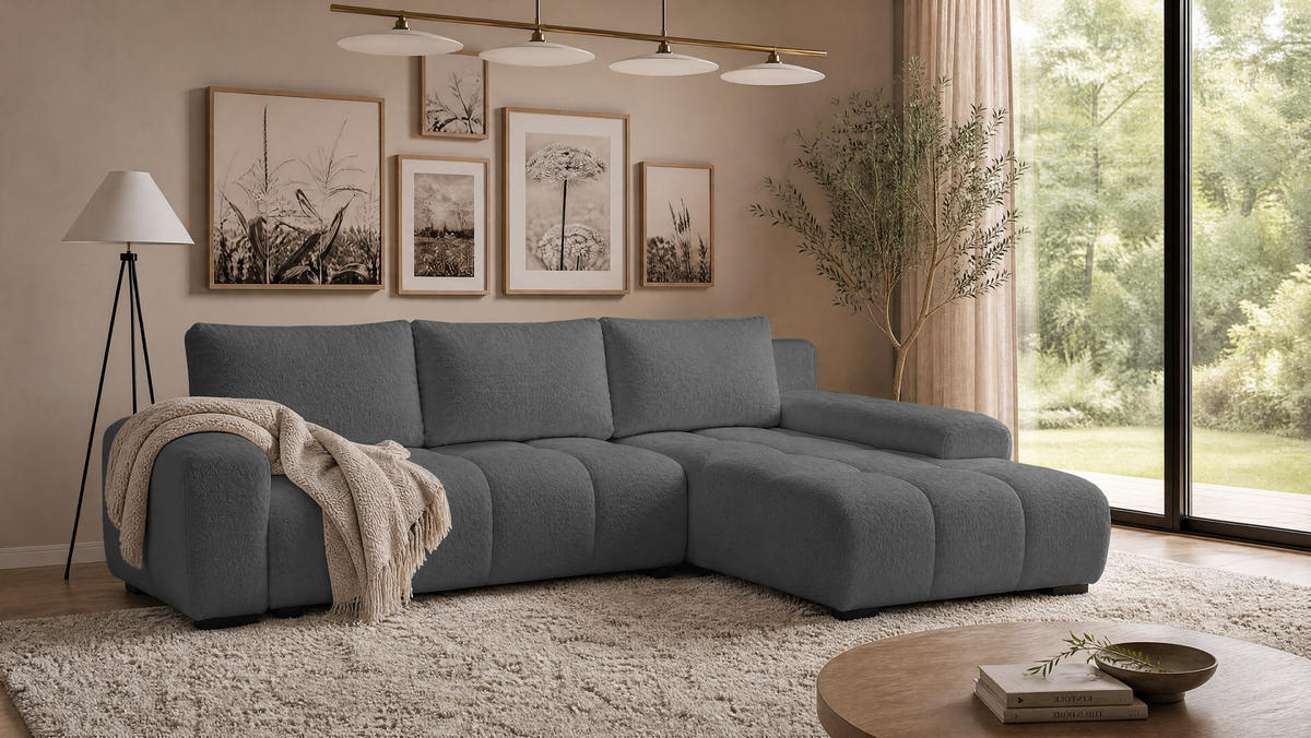 ECKSOFA Ovia mit Bettkasten und Schlaffunktion, Bouclé-Stoff in L-Form - Dunkelgrau, Textil (270/185cm)