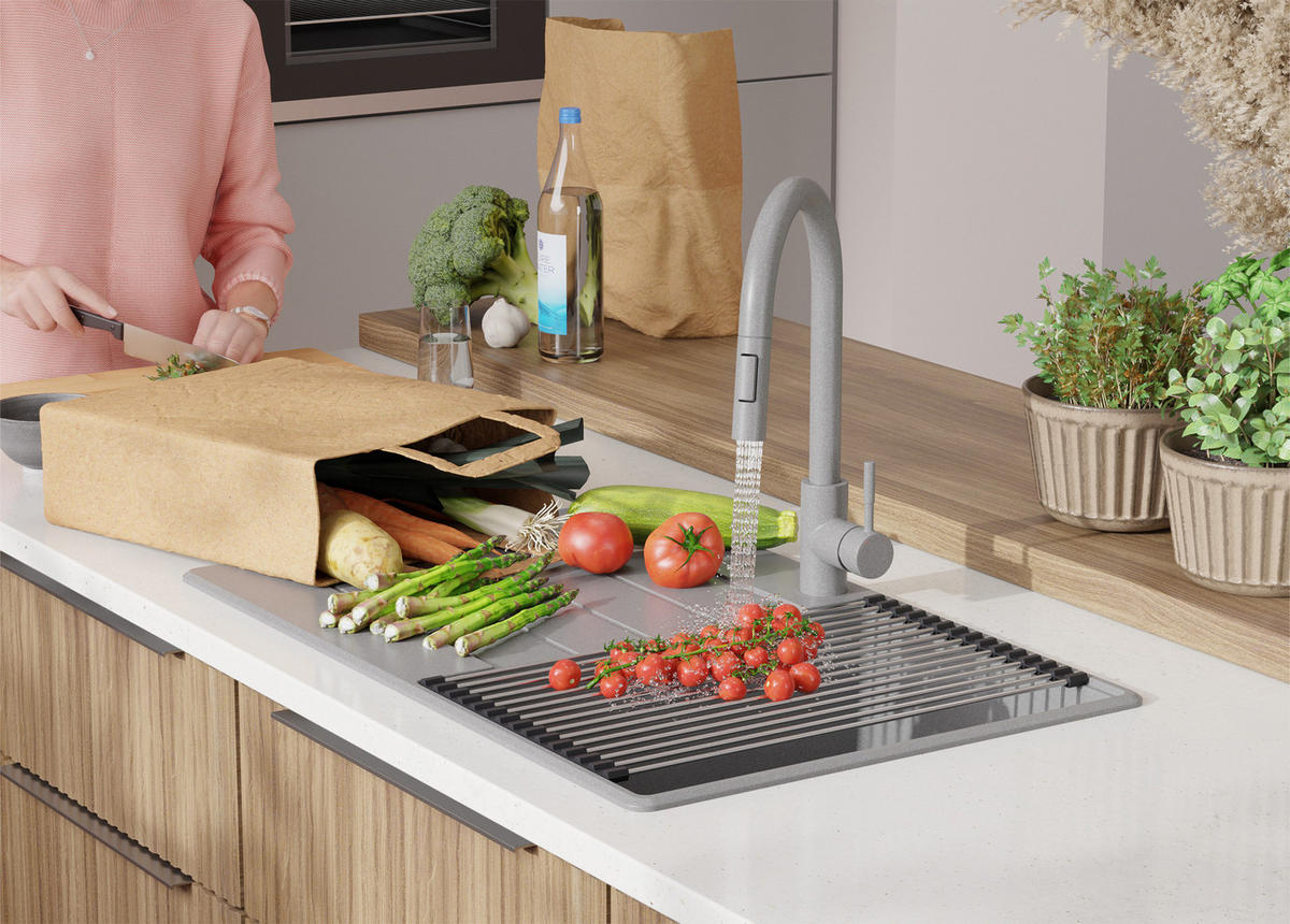 GRANITSPÜLE Kopenhagen, 2-er set Grau 78/50 cm 1 Becken + Küchenarmatur 40/20 cm + Ablauf-Set + Schneidebrett ab 45er Unterschrank - Chromfarben/Beige, Kunststoff (78/20/50cm) - Primagran