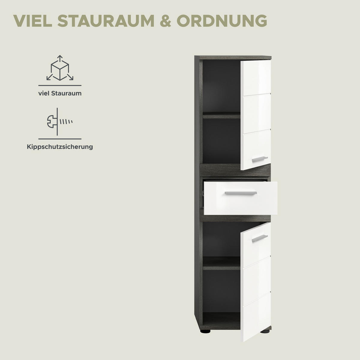 STANDSCHRANK Blake Bad in Rauchsilber Nachbildung und weiß hochglanz B/H/T: 35x137x31 cm - Anthrazit, Holz (35/137/31cm)