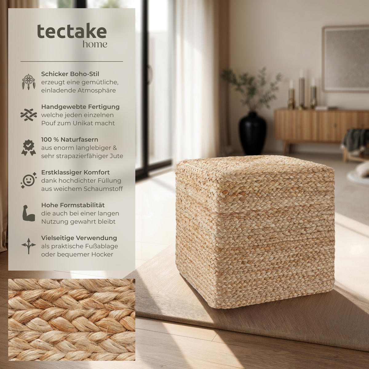 HANDGEFERTIGTER POUF Banno Cube,40 x 40 x 41 cm, Belastbarkeit 150 kg,beige - Beige, Textil (40/41/40cm) - tectake