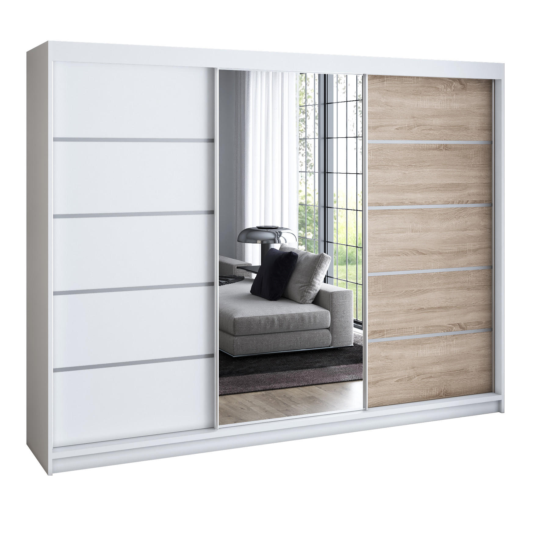 A&J MöbelLand Schwebetürenschrank Weiß, Hellbraun 200x215x59.5 cm