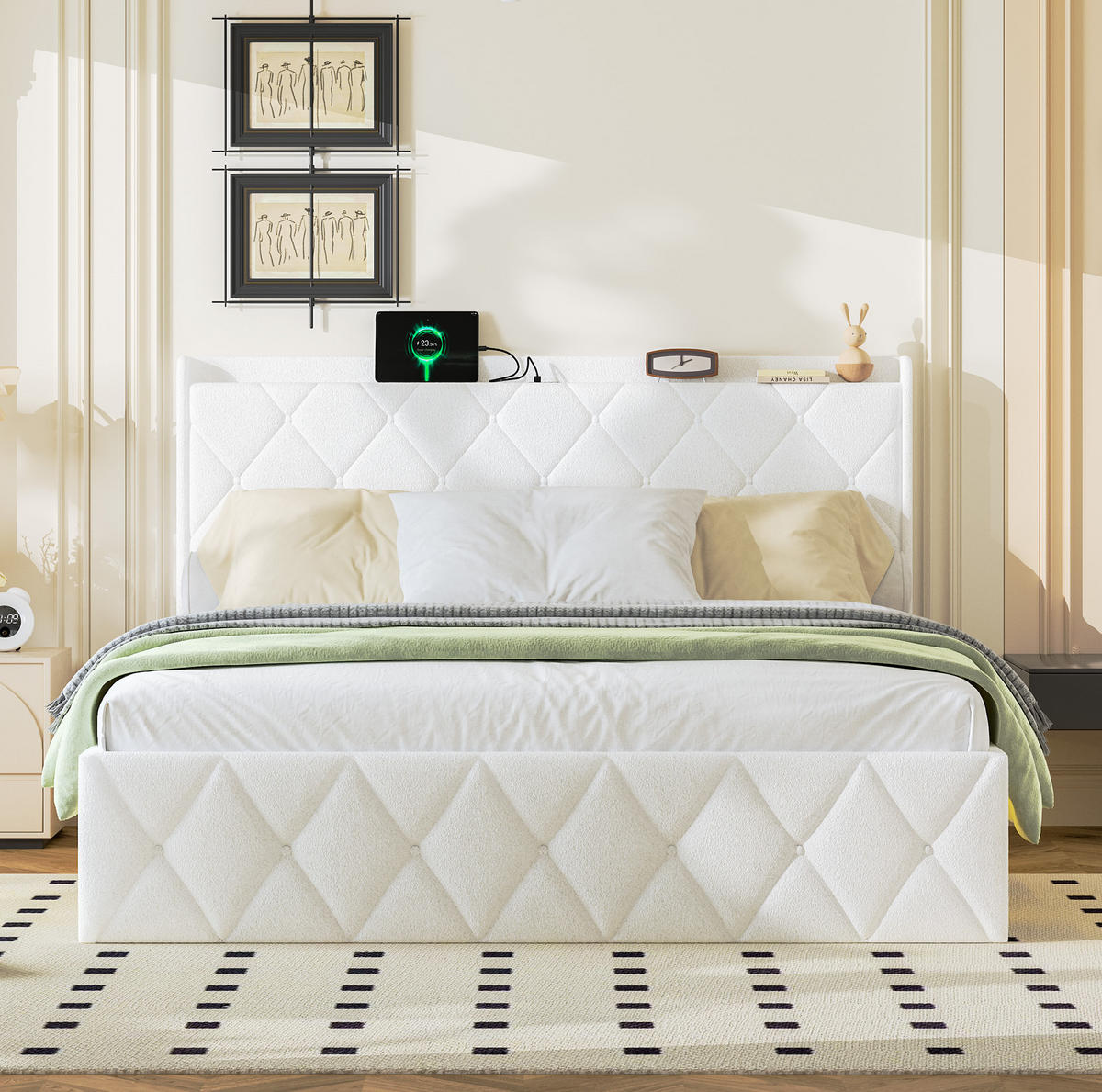 POLSTERBETT 160x200 cm in Weiß mit USB-Ladefunktion und LED-Beleuchtung - Weiß, Textil (160/200cm) - IVMEU