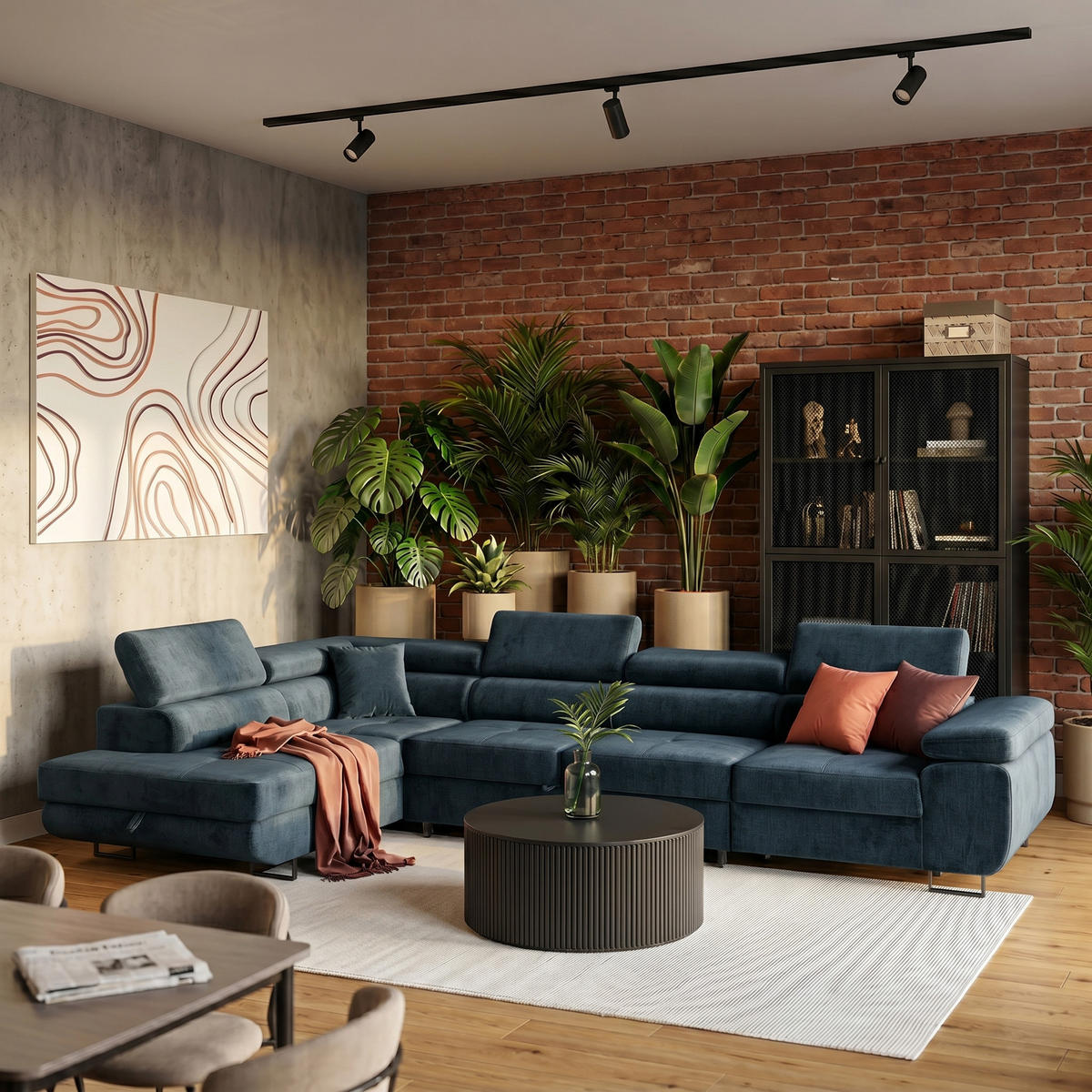 ECKSOFA WILD MAXI L Links mit Schlaffunktion 125x195 Velours Dunkelblau - Chromfarben/Dunkelblau, Holz/Textil (203/350cm) - Muffo