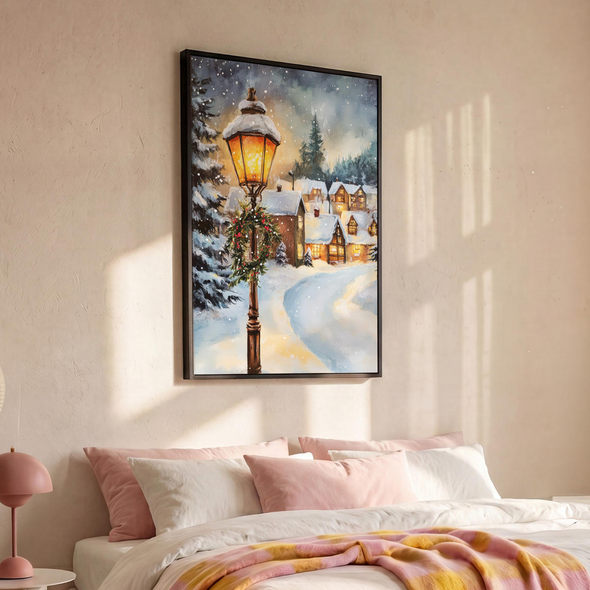 LEINWAND Bilder mit Rahmen - Weihnachtsdorf - Häuser - Schnee - Weihnachten - 80x120 - Sandfarben, Textil (80/120cm) - MuchoWow