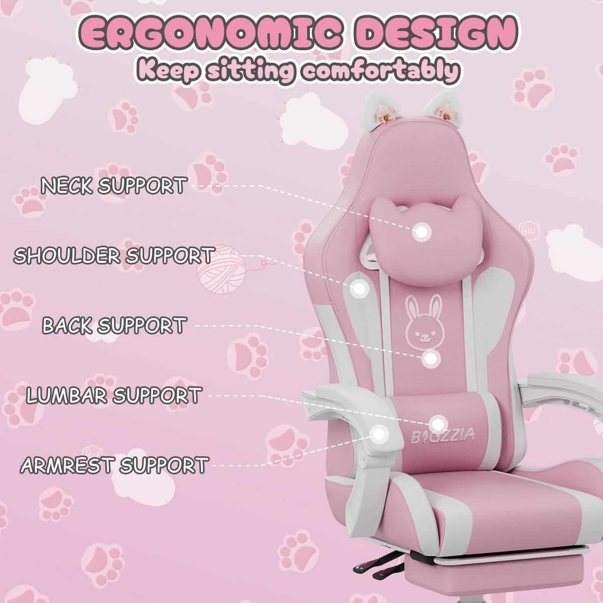 Gaming-Stuhl Katzenohren, Massage, Fußstütze – Rosa/Weiß - Pink, Leder (59/120/56cm) - Rattantree