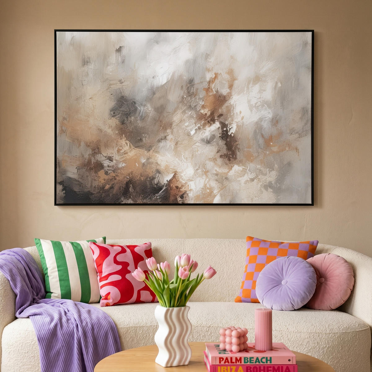 LEINWAND Bilder mit Rahmen - Farbe - Abstrakt - Beige - Kunst - 140x90 - Greige, Textil (140/90cm) - MuchoWow