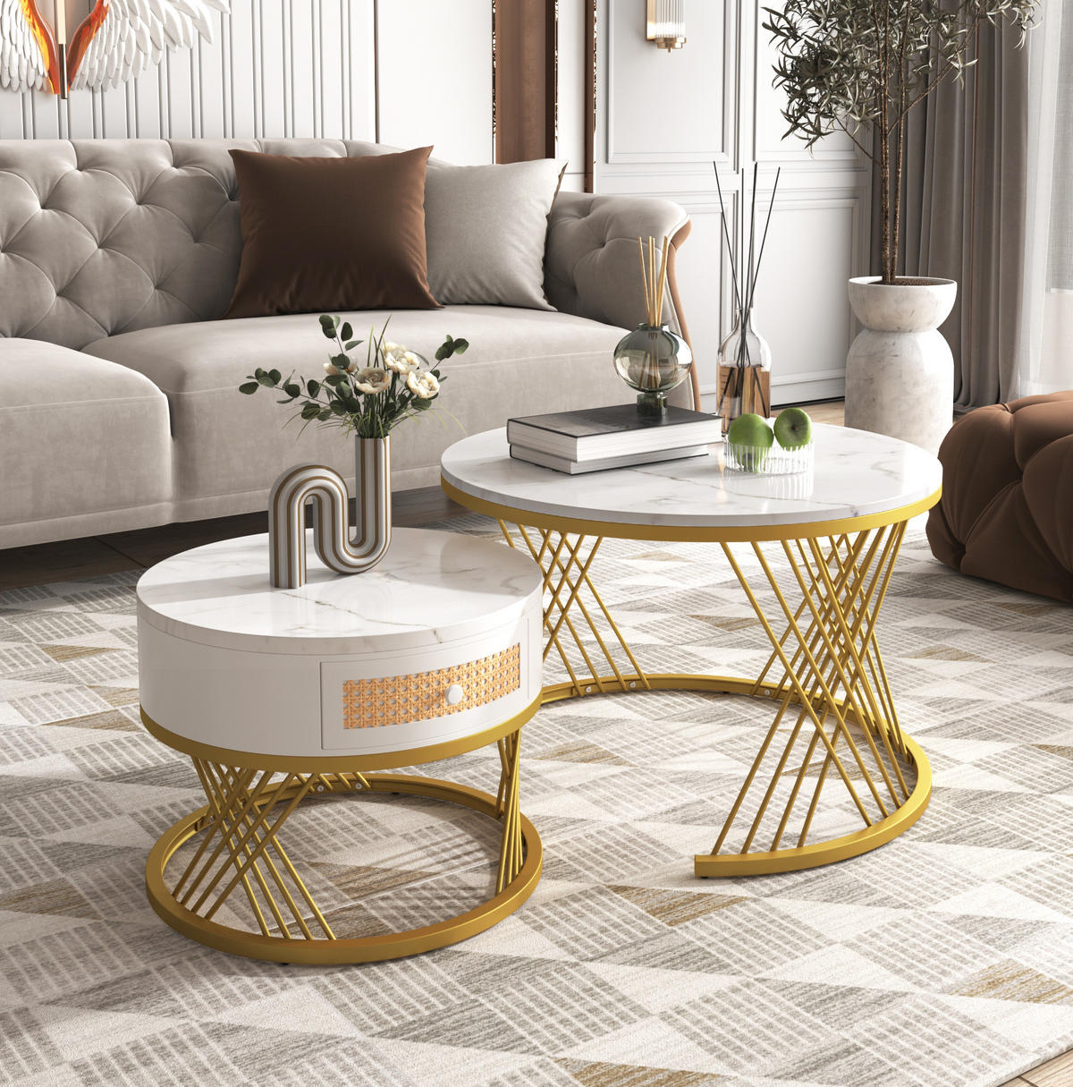 COUCHTISCH-SET 70/70/48 cm mit Schublade, Marmormuster und MDF, Weiß/Gold - Weiß, Holzwerkstoff (70/70/48cm) - Redom