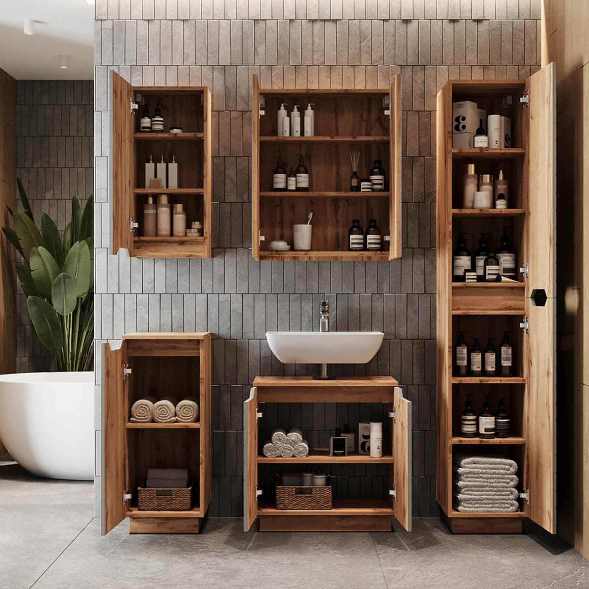 KOUPELNOVÝ NÁBYTEK Lotta Dub/šedá se strukturou dlaždic - šedá, kompozitní dřevo (59.8/62.1/32cm) - Vicco