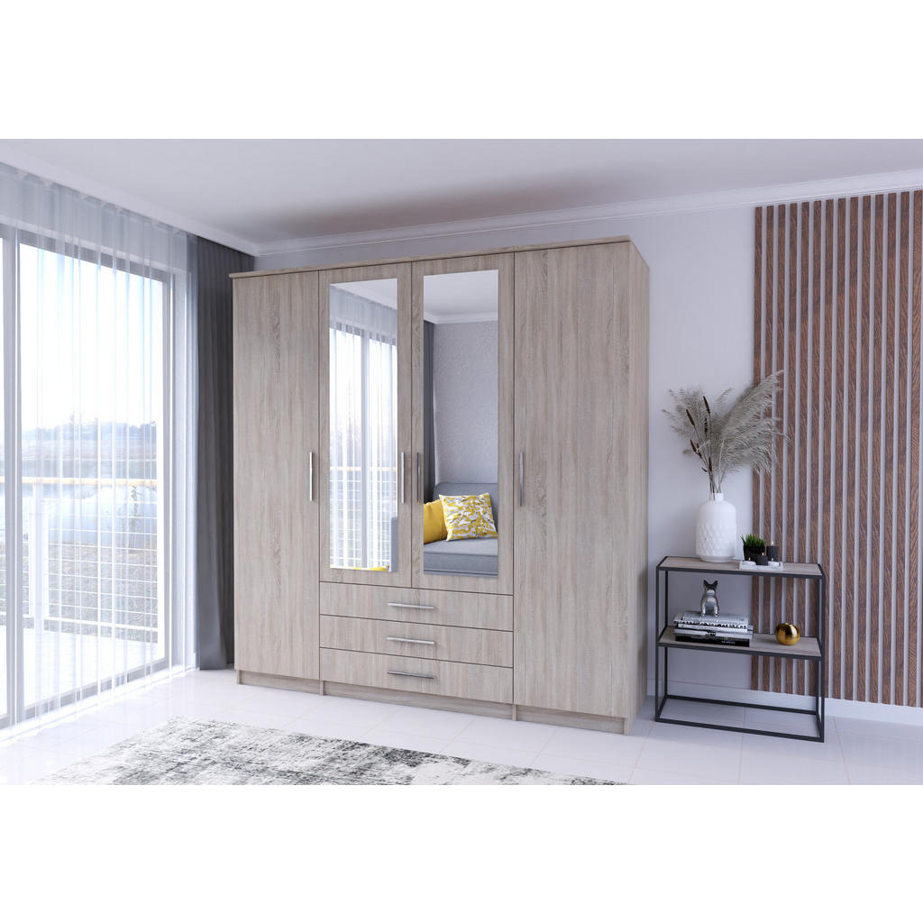 Thumbnail - Möblo Drehtürenschrank, Sonoma Eiche, Metall, 3 Schubladen, Rechteckig, 200x210x64 cm, Schlafzimmer, Kleiderschränke, Dr...