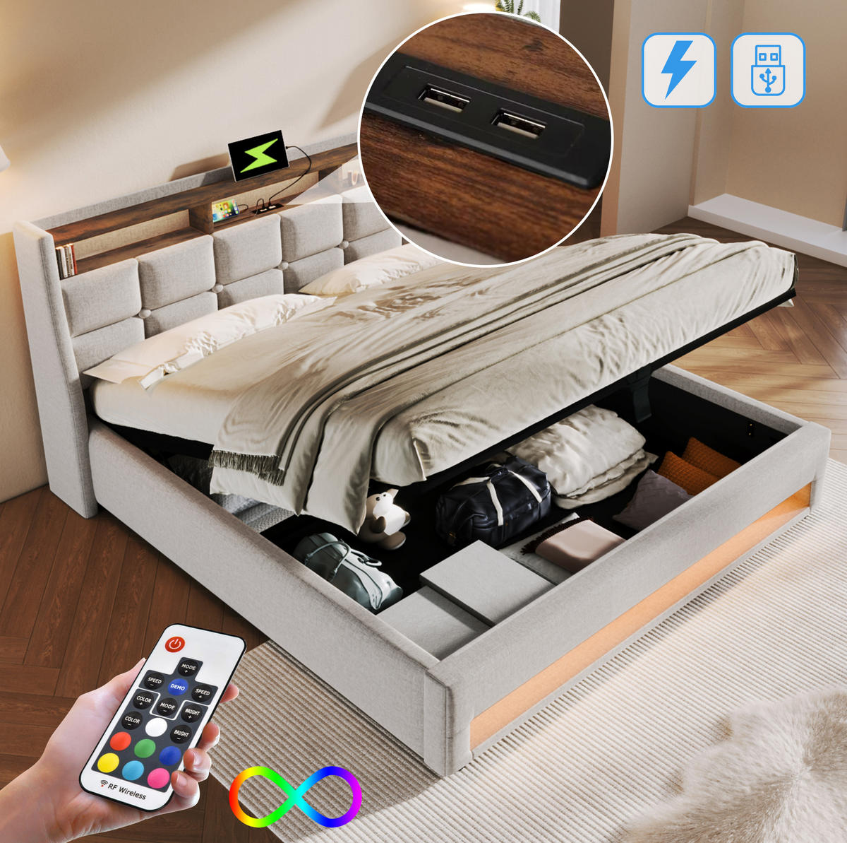 POLSTERBETT mit Stauraum, USB und LED 180x200 cm Beige - Beige, Metall (180/200cm) - Meubliv