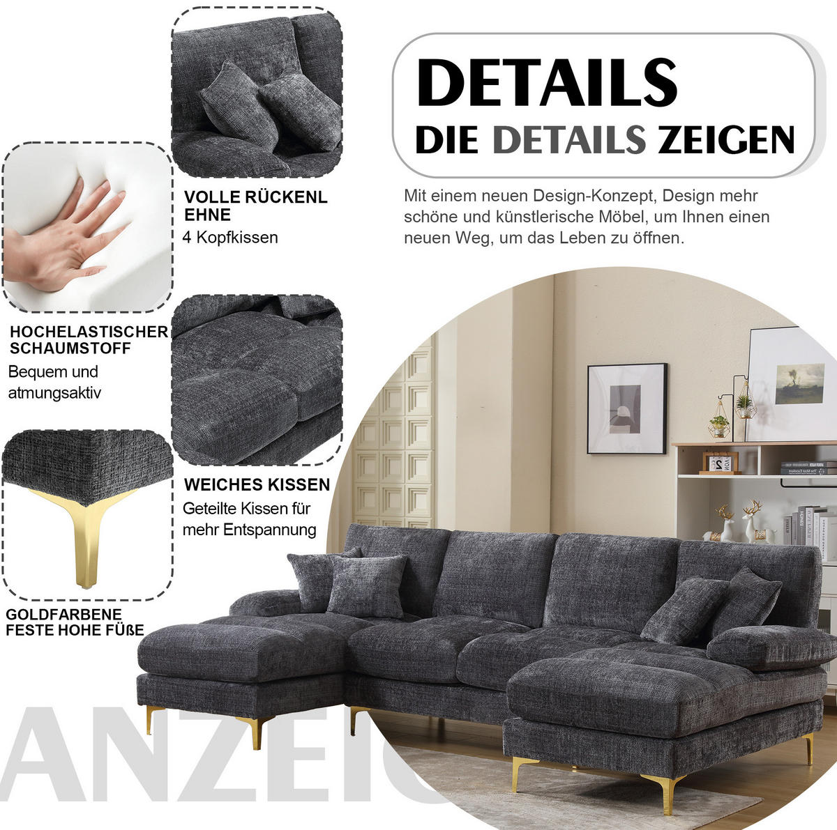 U-FORM Wohnlandschaft Chenille mit 2 Liegeflächen 272/136/88 cm Grau - Grau, Textil/Metall (136/88/272cm) - Redom
