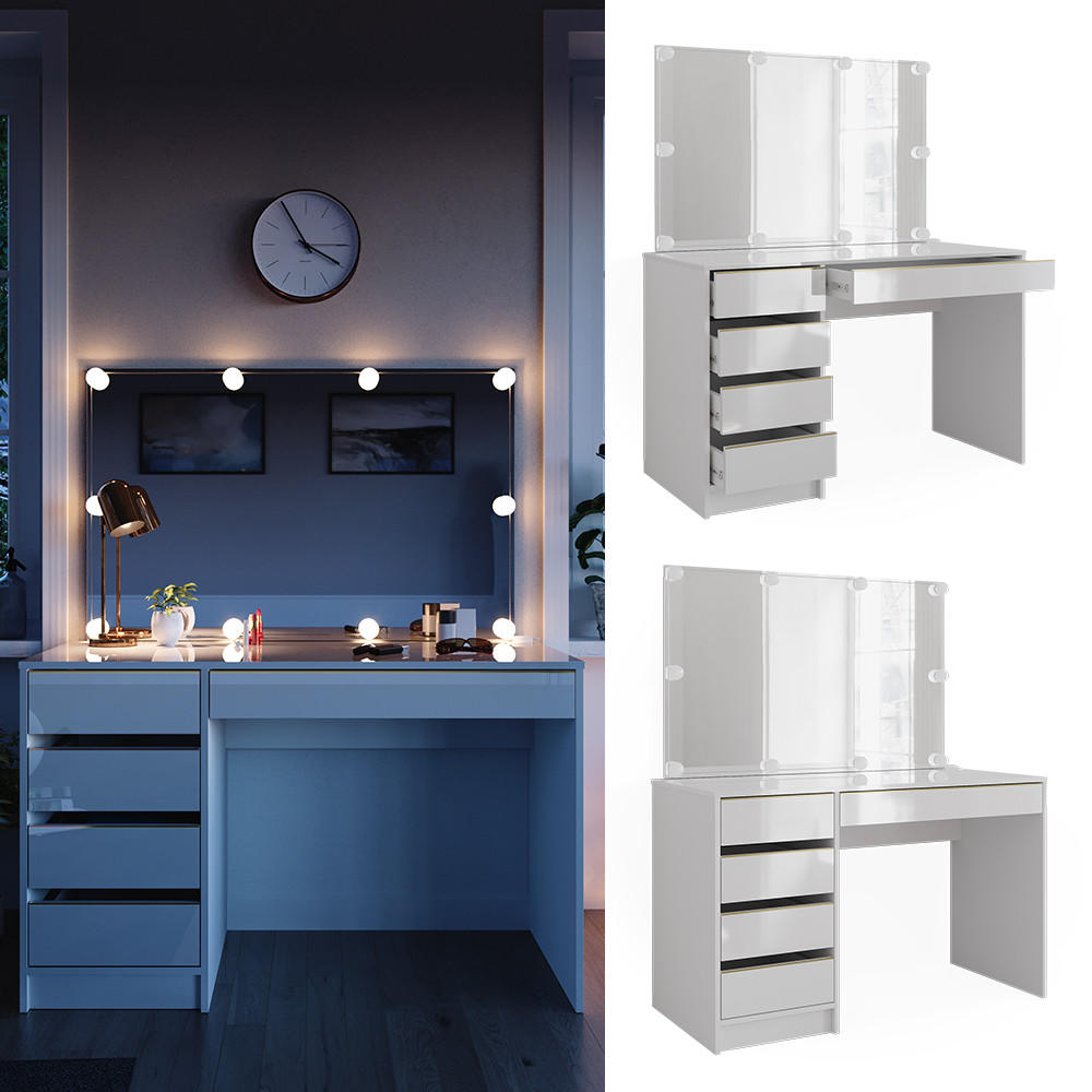 SCHMINKTISCH Sherry Weiß/Gold 120 cm mit LED Beleuchtung - Goldfarben/Weiß, Holzwerkstoff (120/75/55cm) - Vicco