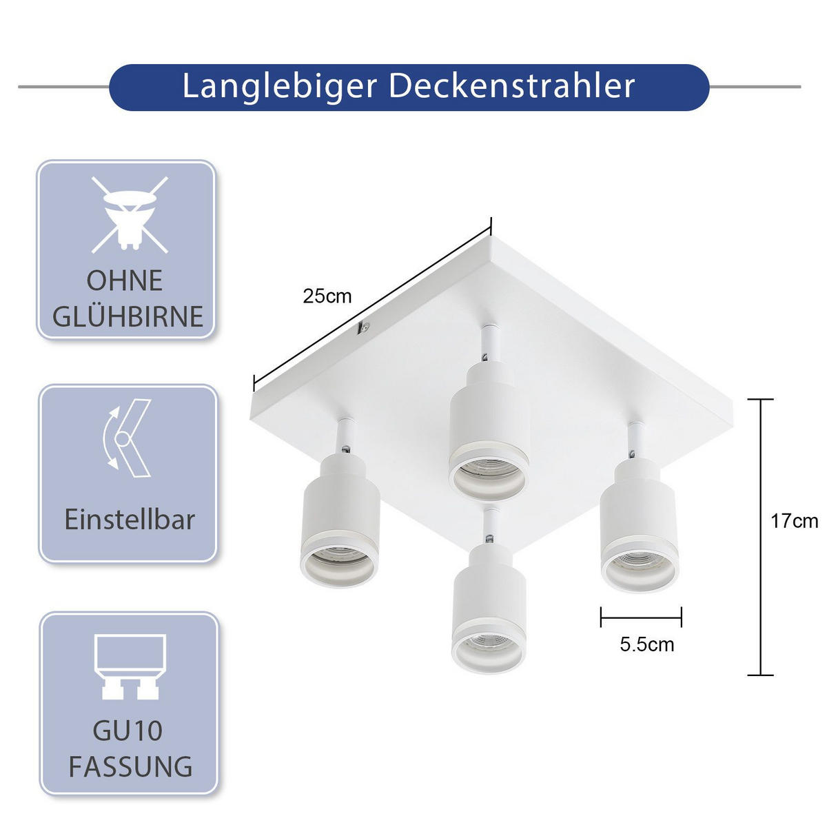 STRAHLER Wolfsburg 4-flammig 25/25/17 cm - Weiß, Metall (25/25/17cm) - Nettlife