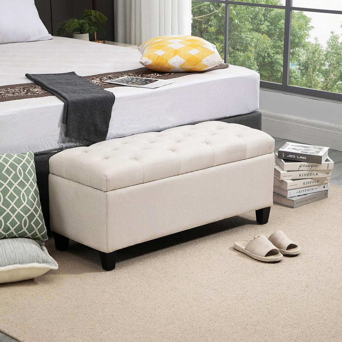 TRUHENBANK DE-16415 mit Knopfheftung und Stauraum Weiß - Weiß, Textil (100/44/40cm) - ComfortXL