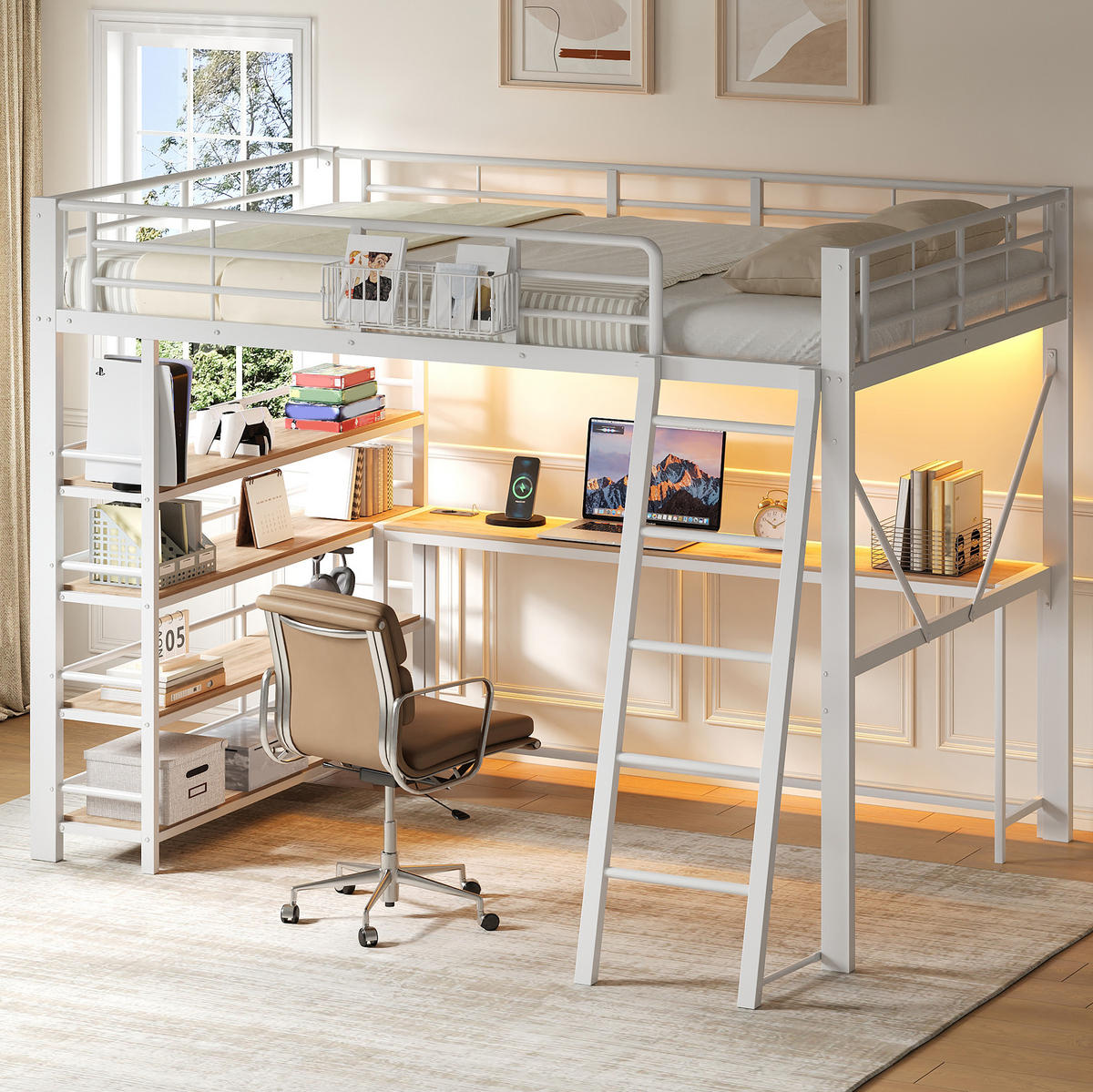 HOCHBETT aus Metall und MDF 140x200 cm Weiß mit Schreibtisch, LED-Beleuchtung, Regal und Aufbewahrungskorb - Weiß, Holzwerkstoff (140/200cm) - Modfu