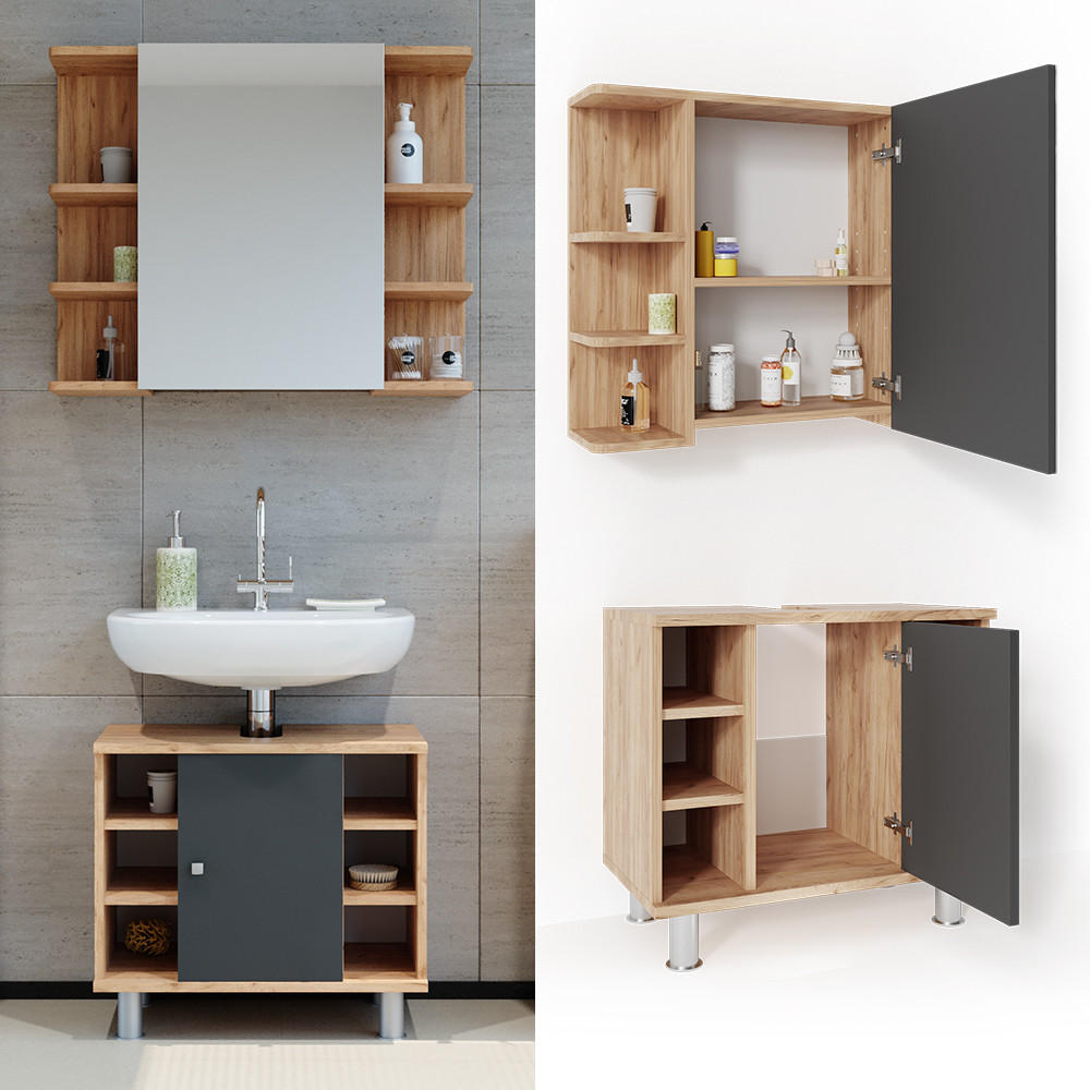 BADMÖBEL-SET Fynn Eiche 2 Teile - Eichefarben/Anthrazit, Holzwerkstoff (60/54/32cm) - Vicco