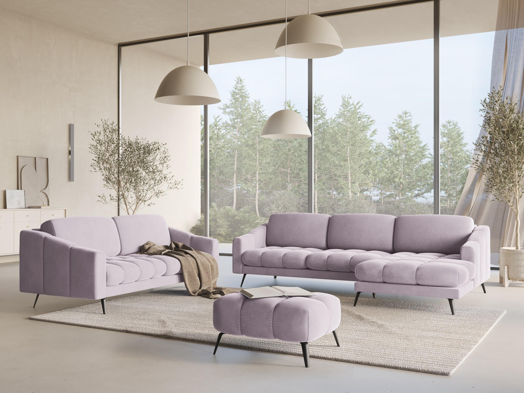 ECKSOFA Rechts Samt Stoff Violett - Lila/Flieder, Textil/Metall (264/160cm) - Makamii