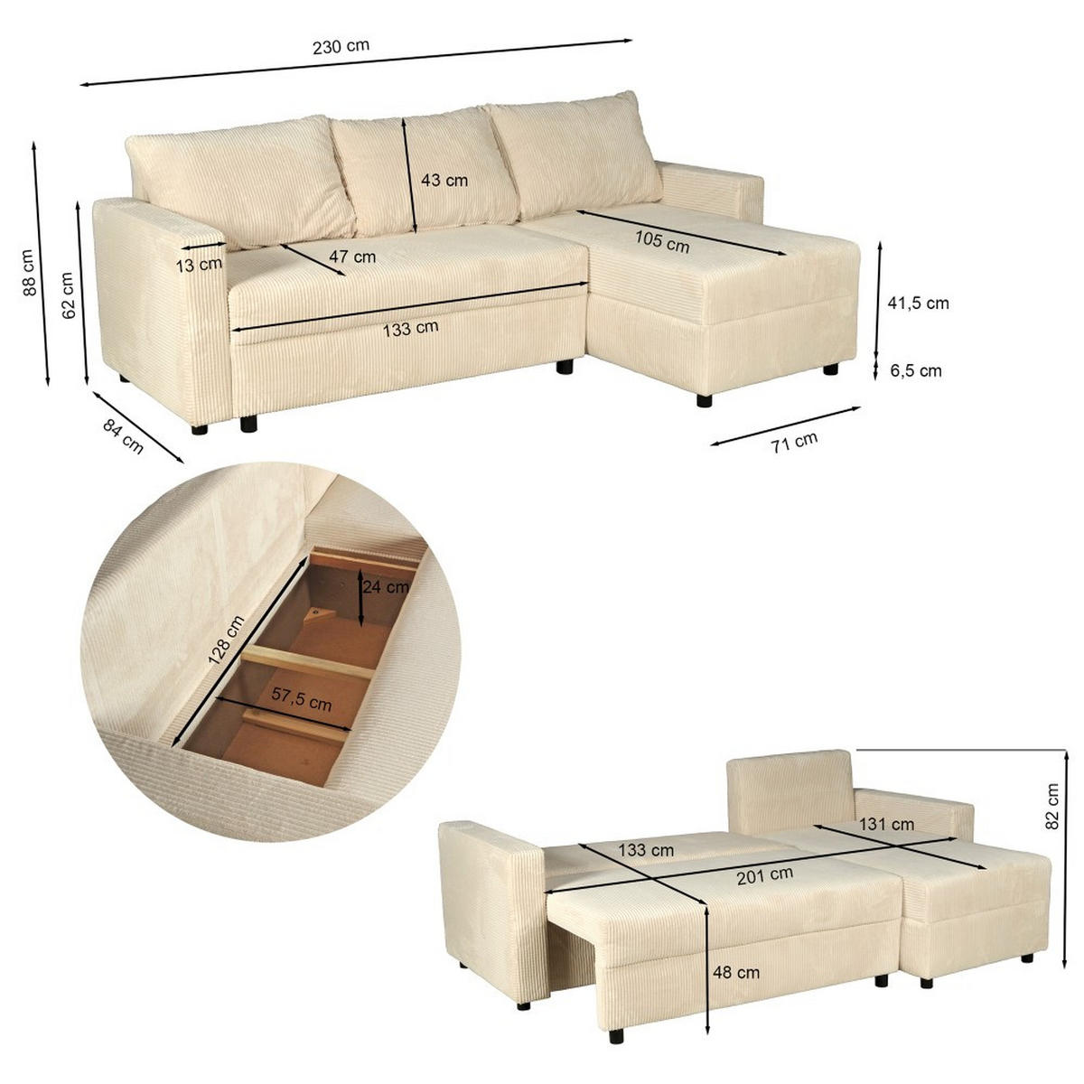 ECKSOFA THEO/ umwandelbar und wendbar, mit Truhe in Cord - Beige - Beige, Textil (145/230cm) - Weber Industries