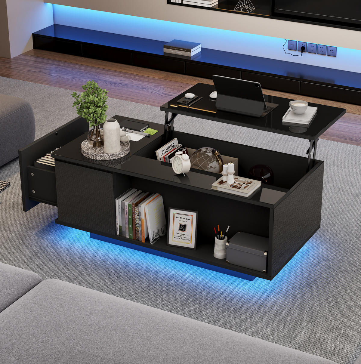 COUCHTISCH aus Spanplatte 100x50x40 cm Schwarz höhenverstellbar mit LED-Beleuchtung, Schublade und verstecktem Stauraum - Schwarz, Holzwerkstoff (100/50/40cm) - Modfu