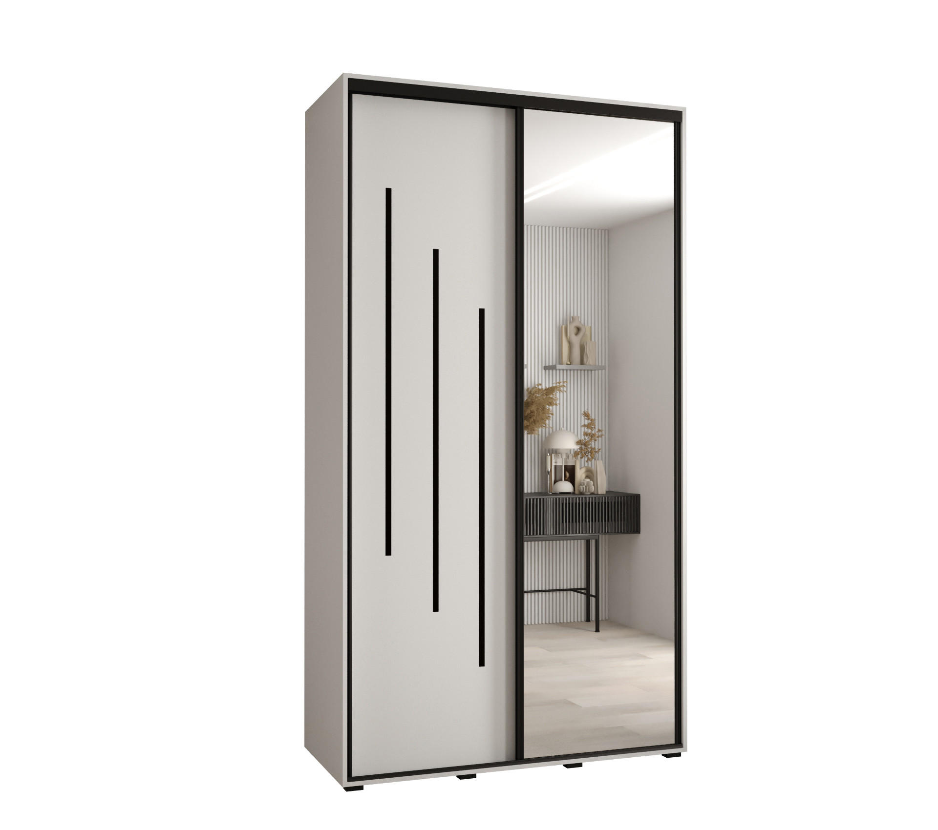 Abiks Möbel Schwebetürenschrank Weiß, Weiß, Schwarz 140x235x60 cm