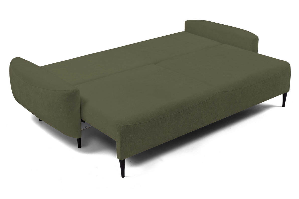 SOFA BOHO Mit Schlaffunktion Und Bettkasten, Wellenfederung, PUR-Schaum, Holzfüße, lose Rückenkissen, freistehend, 244x102x92 cm Olive green - Olivgrün, Holz/Textil (244/92/102cm) - DomoHome