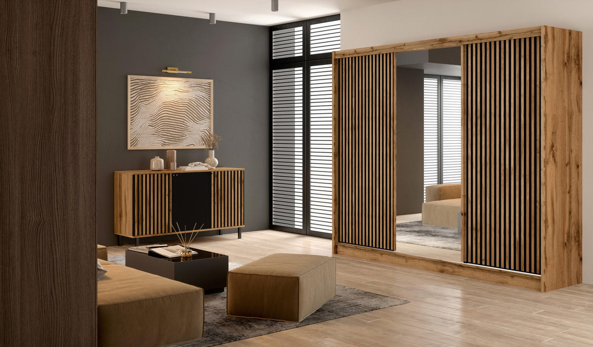 SCHWEBETÜRENSCHRANK DRAVEN 250/215/60,5 cm 3-türig mit Spiegel Eiche Wotan - Eiche Wotan/Schwarz, Holzwerkstoff (250/215/60.5cm) - MASSENO