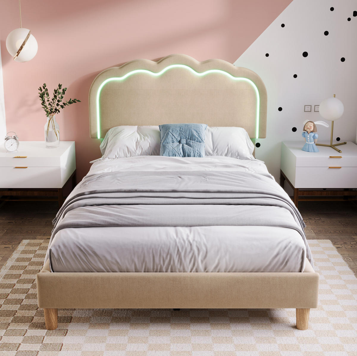 POLSTERBETT 90/190 cm Beige mit LED-Beleuchtung und verstellbarem Kopfteil - Beige, Textil (90/200cm) - Flora Grace