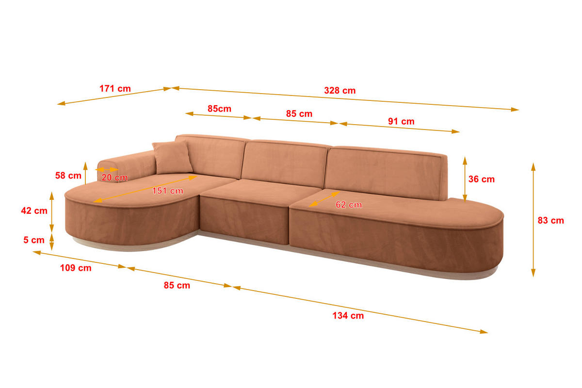 ECKSOFA Ottomane Links MARI-L2-v1 - 328x171x83 cm Orange Velours - Orange, Holzwerkstoff/Textil (328/171cm) - ALTDECOR