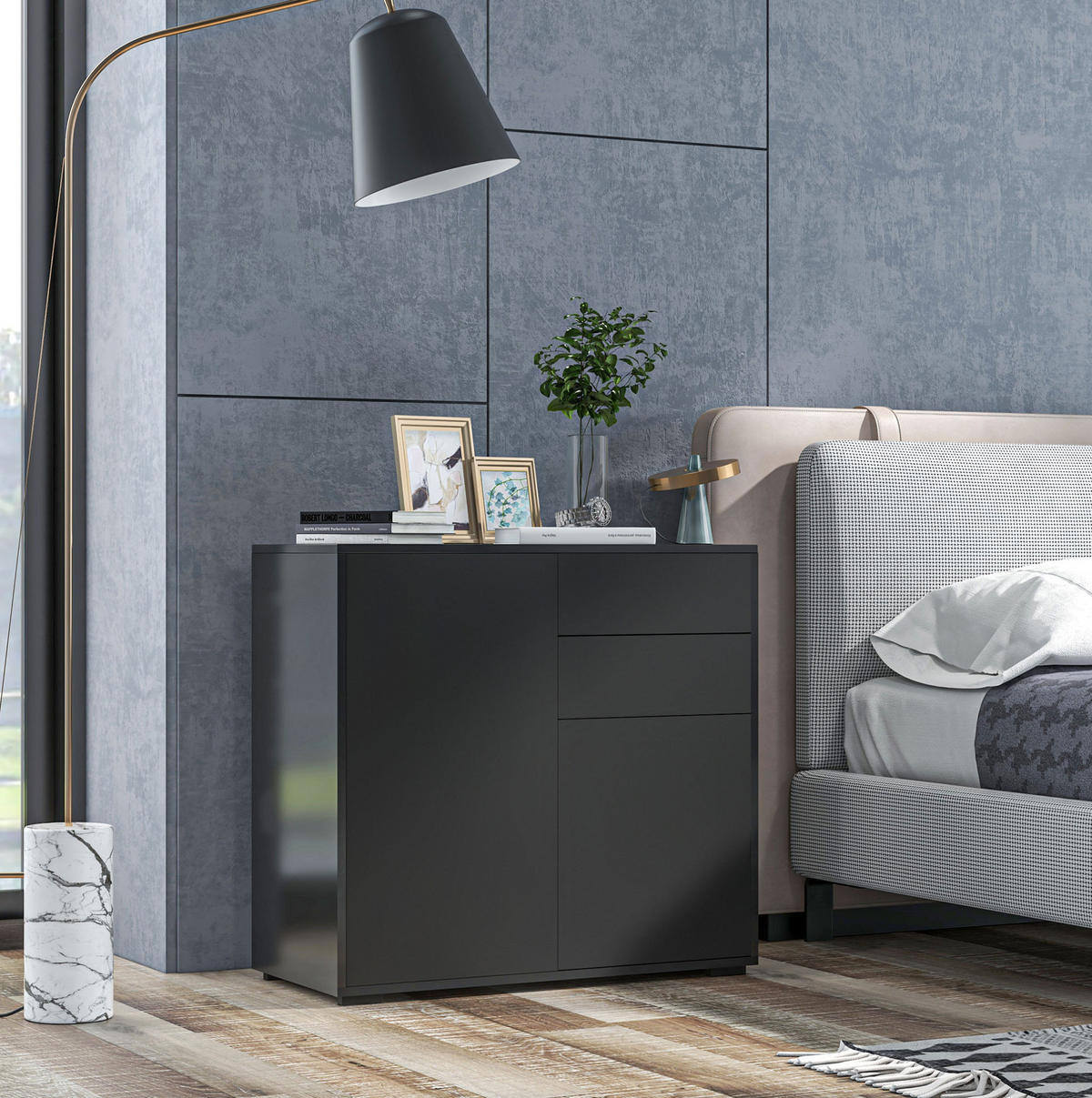 SIDEBOARD aus Holzwerkstoff 36x79x74 cm Schwarz mit 2 Schubladen, 2 Türen, verstellbarem Einlegeboden und Kippschutz - Schwarz, Holzwerkstoff (79/74/36cm) - Modfu