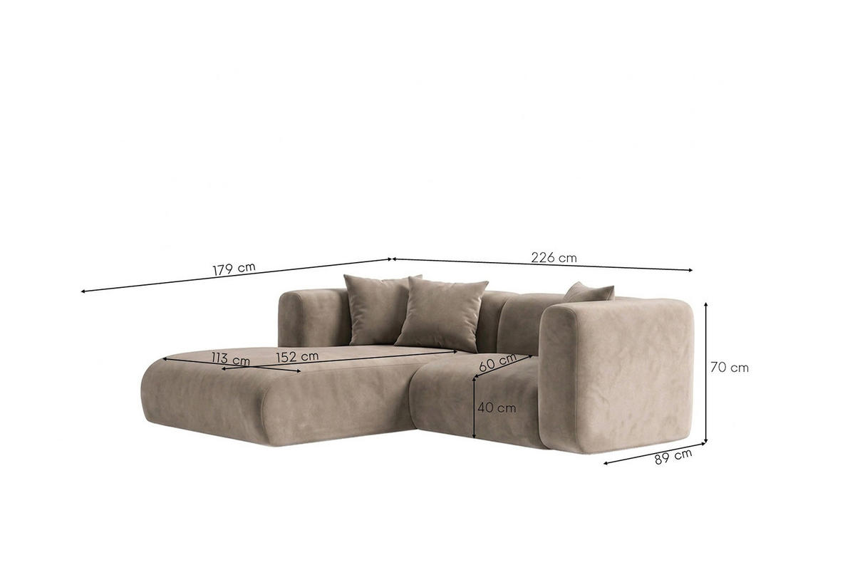 ECKSOFA L-Form mini, Velvet-Stoff Bluvel, Latte, Links, GRETA - Hellbraun, Holz (226/179cm) - Kaiser Möbel
