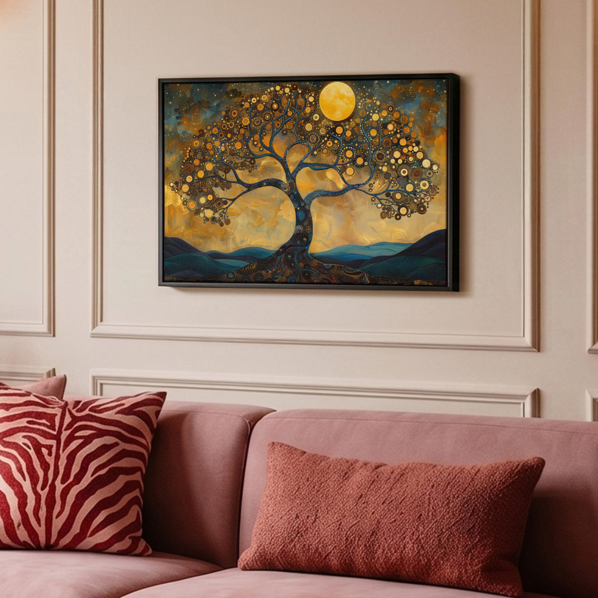 LEINWAND Bilder mit Rahmen - Baum - Mond - Blumen - Gold - Kunst - 60x40 - Orange, Textil (60/40cm) - MuchoWow