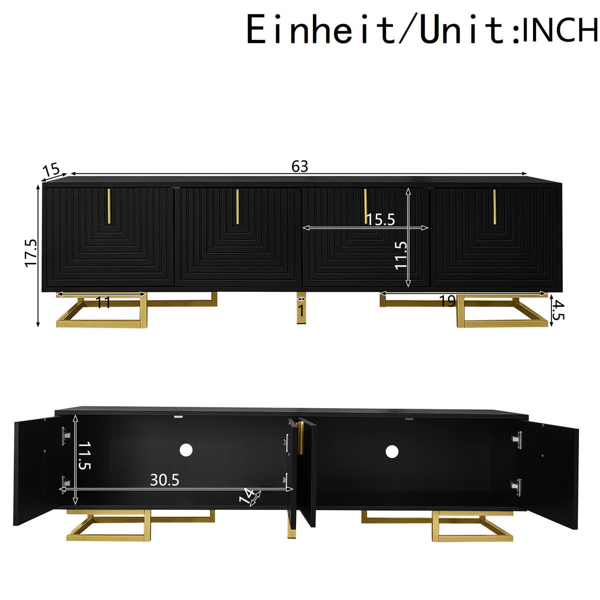 LOWBOARD 160/38/44,5 cm aus Spanplatte mit strukturierten Fronten und goldfarbenen Metallfüßen Schwarz - Schwarz, Holzwerkstoff (160/44.5/38cm) - Modenvie