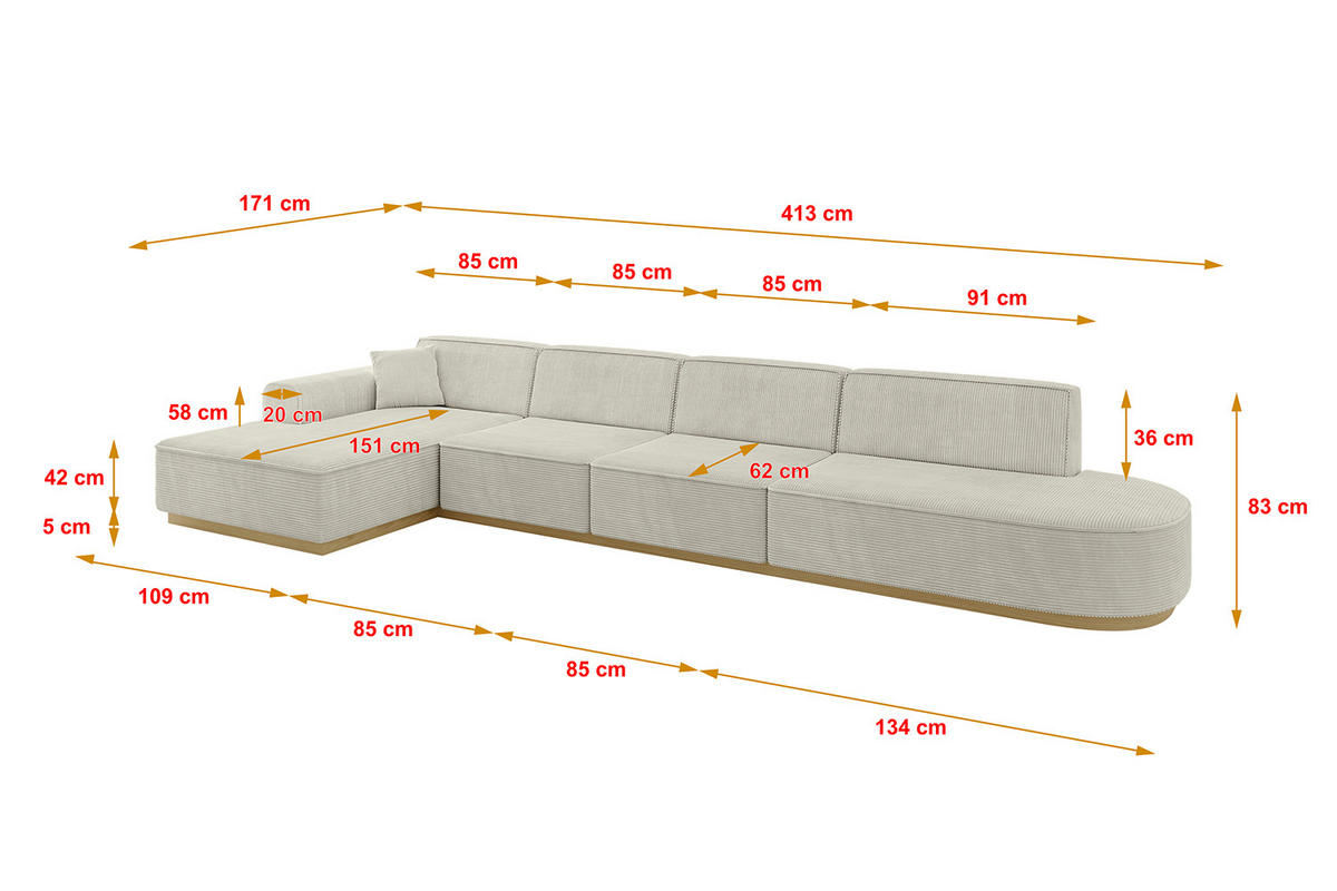ECKSOFA Ottomane Links IREA-L3-v2 - 413x171x83 cm Hellgrau - Ecru, Holzwerkstoff/Textil (413/171cm) - ALTDECOR