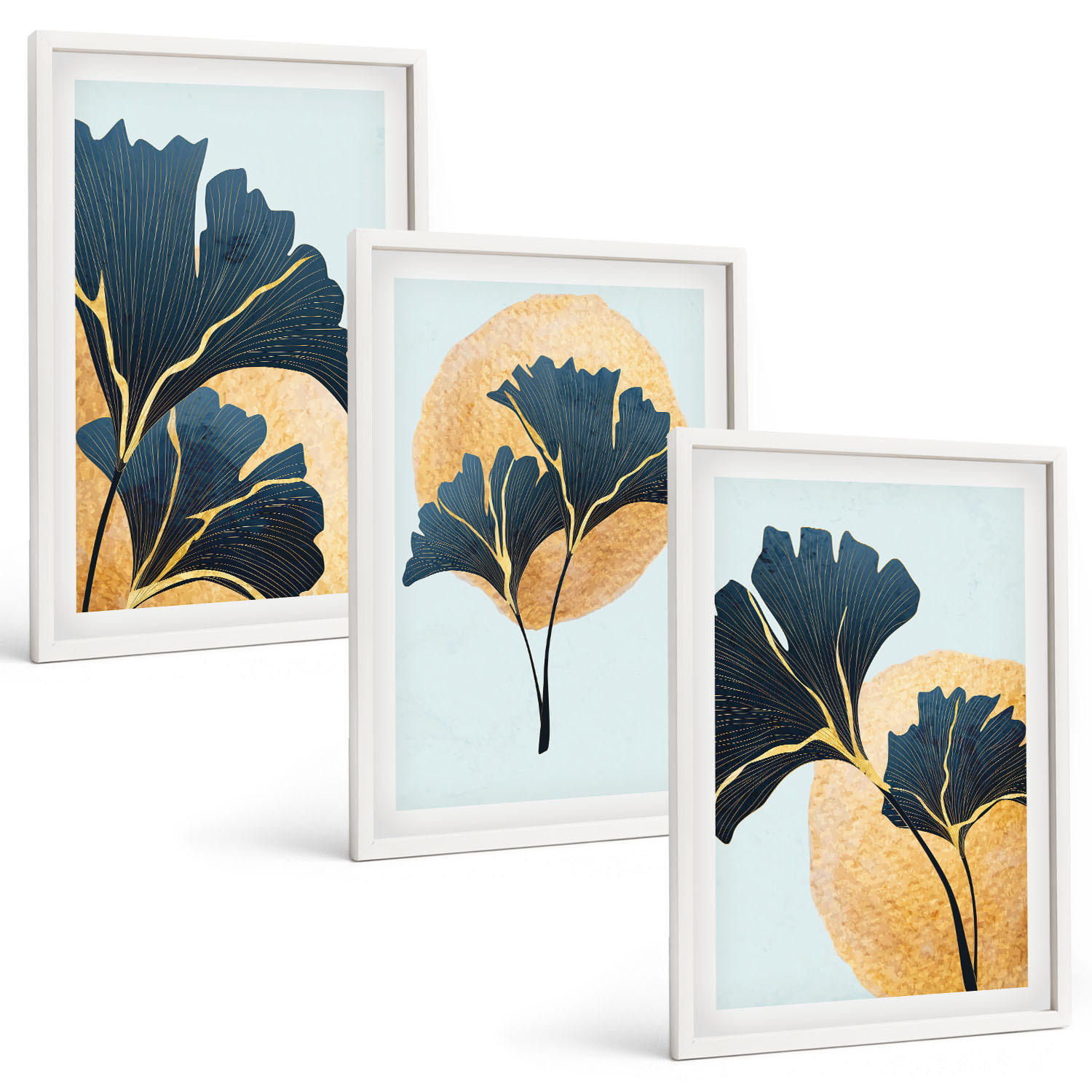 BILDER SET 3er Set - 40x60 cm Weißer Rahmen - Ginkgoblätter, heller Hintergrund - Weiß, Kunststoff (40/60cm) - TULUP