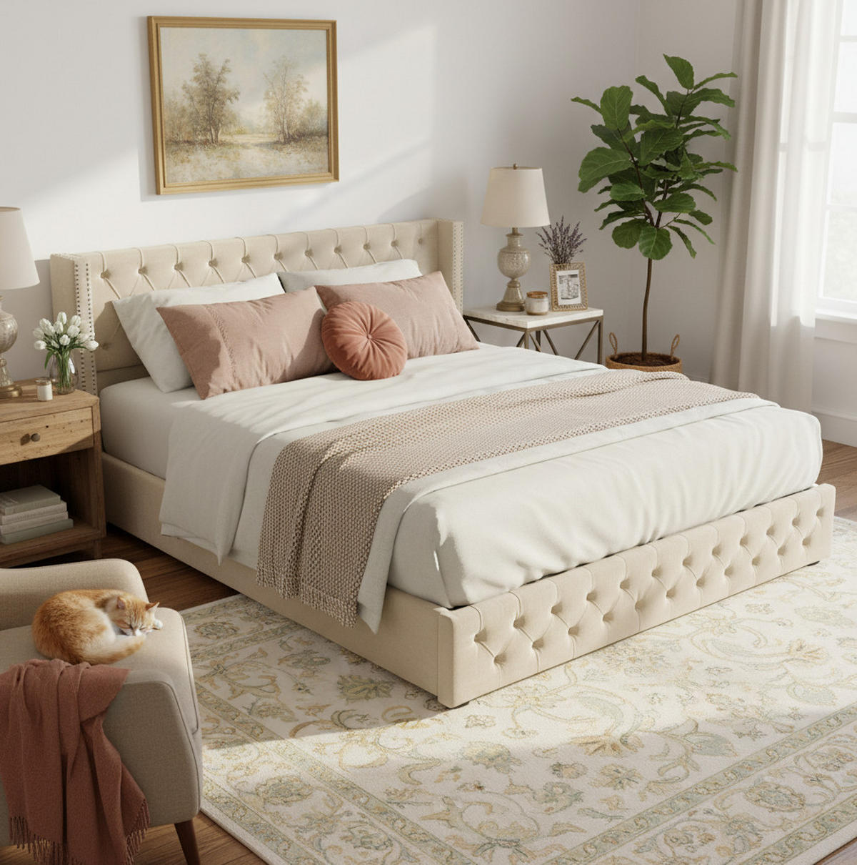 POLSTERBETT 140/200 cm mit hydraulischem Bettkasten, Chesterfield-Design, Beige - Beige, Textil (140/200cm) - Redom