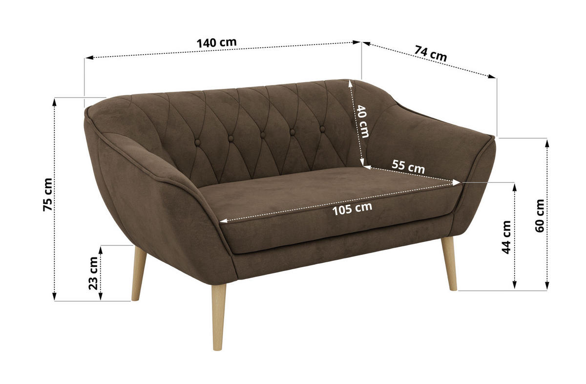 2-SITZER-SOFA PIRS - Braun Velvet - Holzbeine - Dunkelbraun/Buchefarben, Holzwerkstoff/Textil (140/75/74cm) - MKS