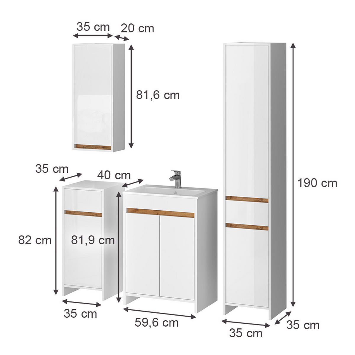 BADMÖBEL-SET Lemgo Weiß Hochglanz 5er-Set - Honigeiche/Weiß Hochglanz, Holzwerkstoff (59.6/81.9/40cm) - Vicco
