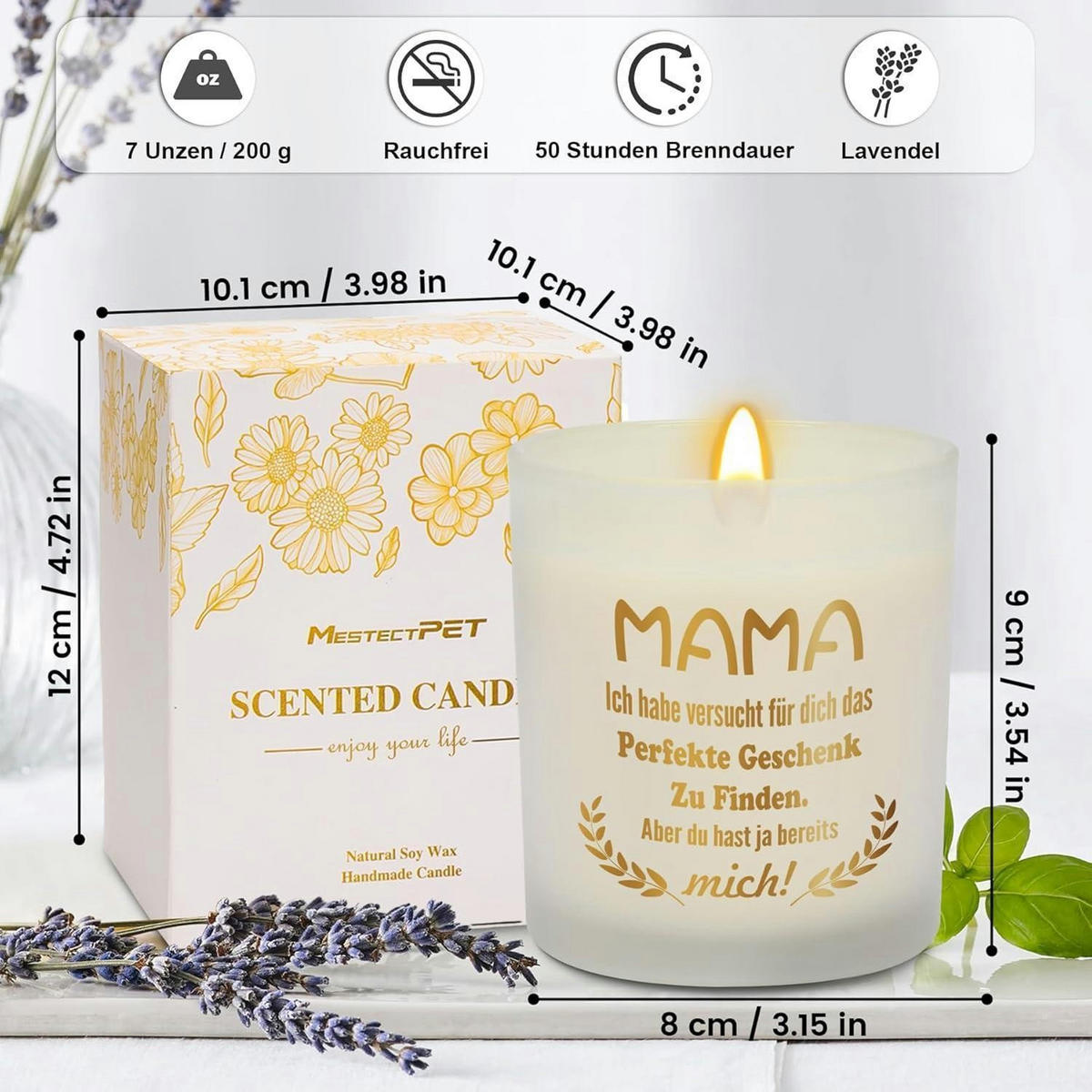 DUFTKERZE Lavendel im Glas Geschenkset 50 Stunden Brenndauer - Weiß, Paraffin (9cm)