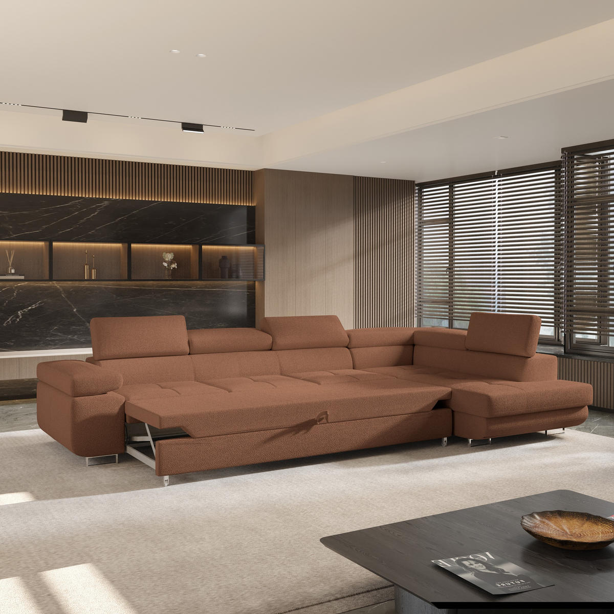 ECKSOFA VICENTE Kupferfarben Boucle-Stoff mit Schlaffunktion - Kupferfarben, Holz (346/202cm) - MASSENO