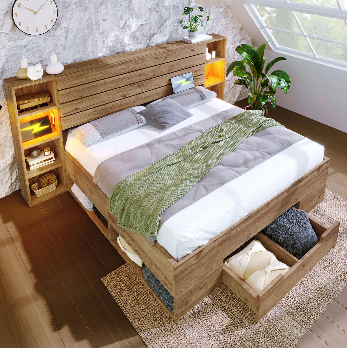 ČALOUNĚNÁ postel z dřeva a kovu, 160/200 cm dub, s LED osvětlením a USB-C - barva dubu, kov (160/200cm) - BEAOK